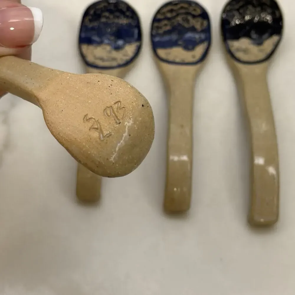 Sylvia Lawson NC Pottery Blue Sgrafitto Small Spoons Signed Pilot Mountain 1993